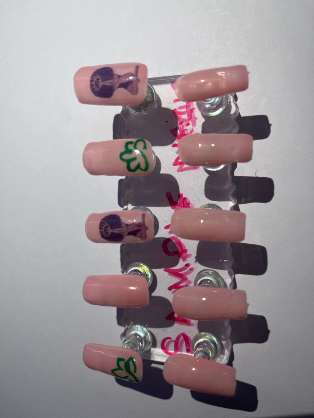 Press-On Nail Set — Pink Nude with Purple & Green Accents